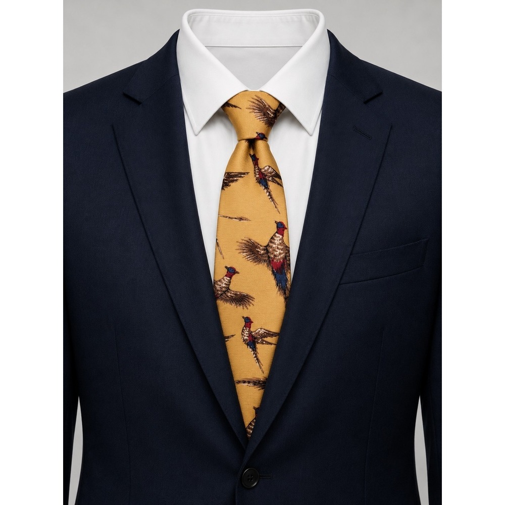 Vintage Huntington Neck Tie Yellow Pheasant Bird‎ Hunting Viyella Cotton Wool